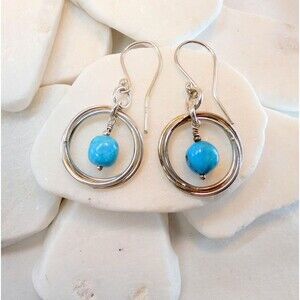 Sterling Silver Natural Turquoise Bead Hoop Earrings Minimalist Handmade
